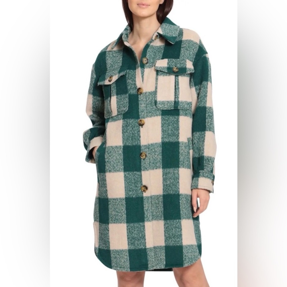 NWOT Avec Les Filles Longline Green Buffalo Check long jacket size S